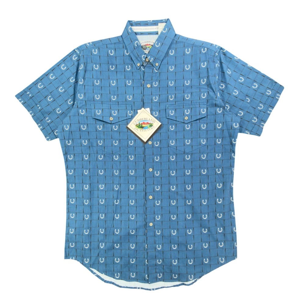 Cumberland Outfitters Western Shirt Mens Large Blue Horseshoe Cotton NWT